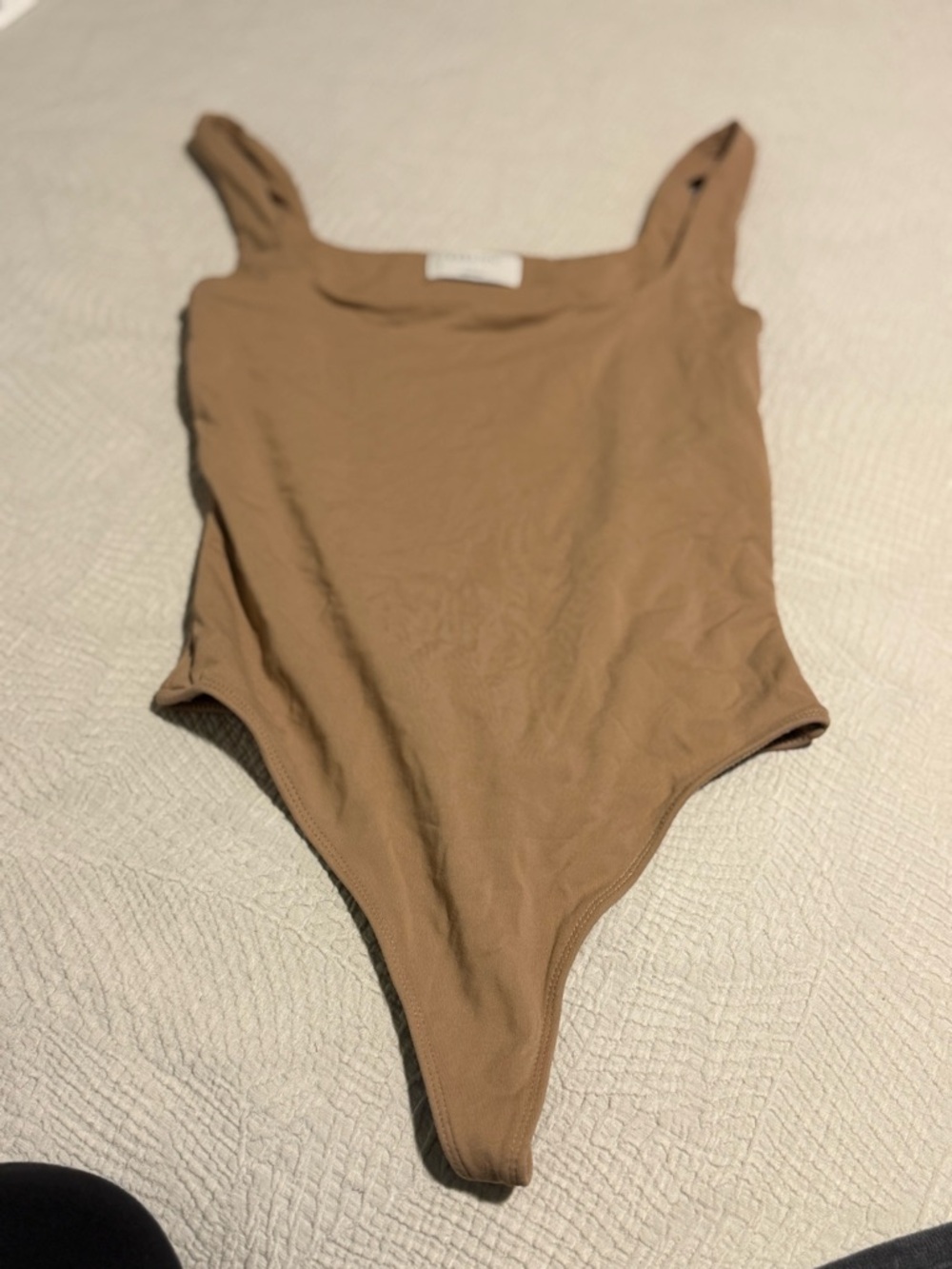 Babaton Ribbed Square-Neck Bodysuit in Camel
